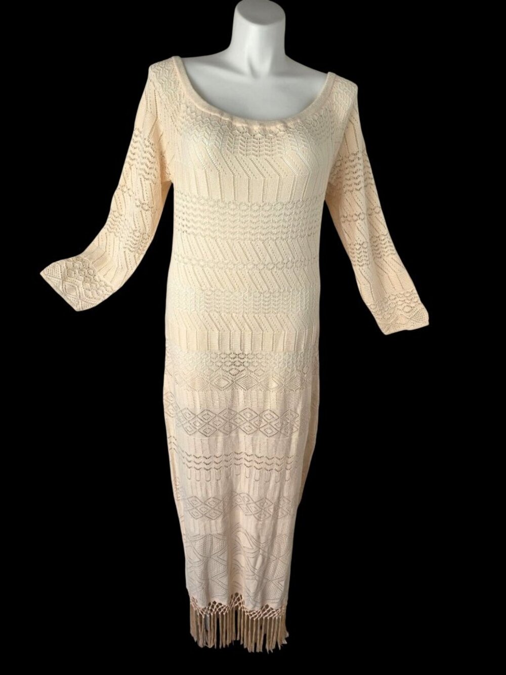 Fashion to Figure 3X Tall Nude Pointelle Sweater Maxi Dress Fringed Hem Stretchy